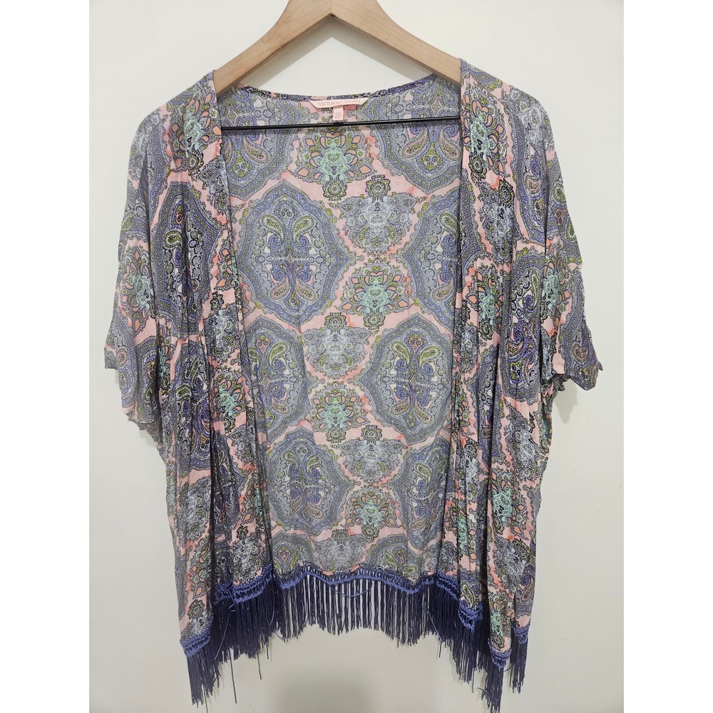 Victoria's Secret Paisley Fringe Kimono Pink Purple Blue XS/S‎ Open Front Wrap